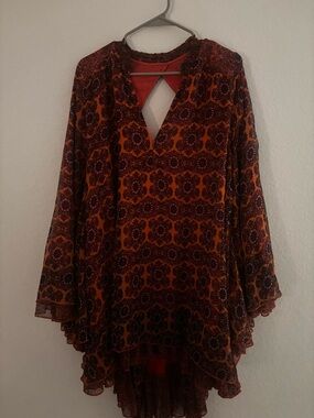 NWT Free People Boho Orange & Burgundy Patterned Tunic Dress